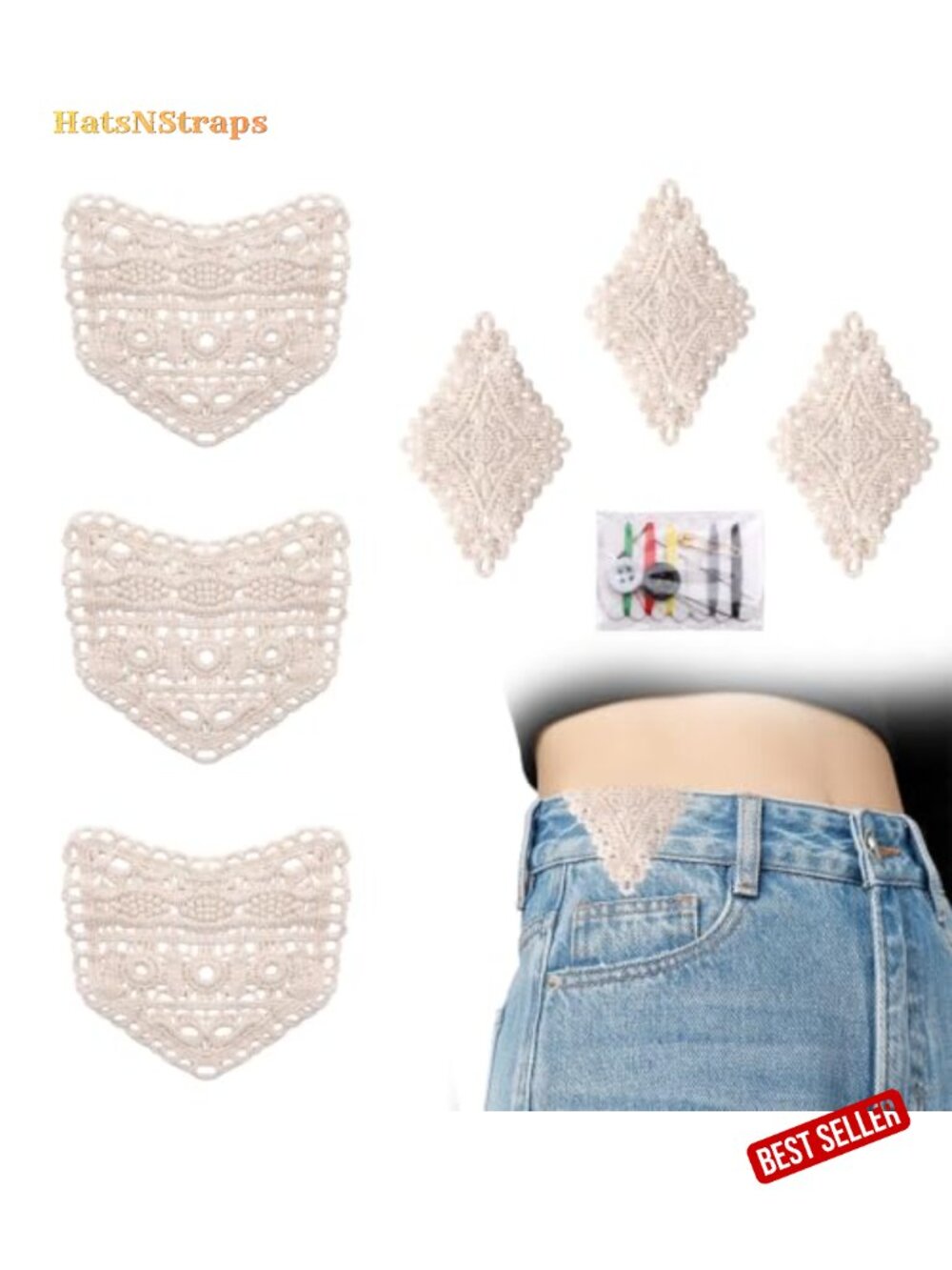 Vintage Lace Waist Extenders, 6-Pc Cotton Sewing Set for Jeans & Skirts
